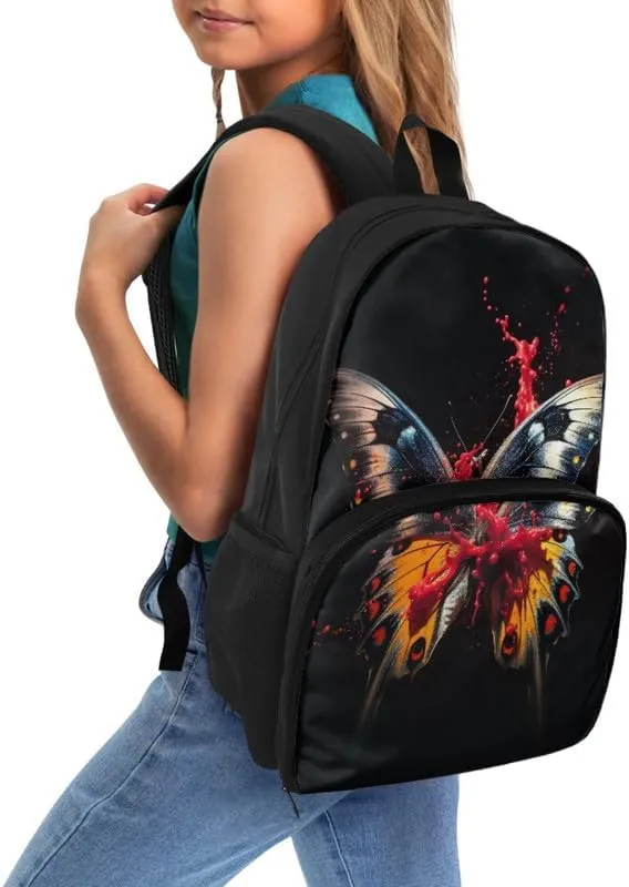 Cartoon Butterfly Print Everyday Laptop Backpack Colorful Splash Butterflies Pattern Sturdy Lunch Box for Women Men Backpack for Picnic College Travel, Black