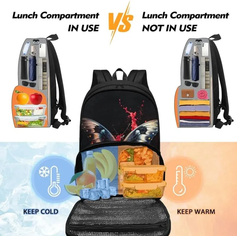 Cartoon Butterfly Print Everyday Laptop Backpack Colorful Splash Butterflies Pattern Sturdy Lunch Box for Women Men Backpack for Picnic College Travel, Black