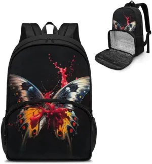 Cartoon Butterfly Print Everyday Laptop Backpack Colorful Splash Butterflies Pattern Sturdy Lunch Box for Women Men Backpack for Picnic College Travel, Black