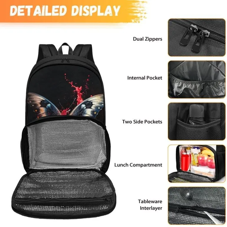 Cartoon Butterfly Print Everyday Laptop Backpack Colorful Splash Butterflies Pattern Sturdy Lunch Box for Women Men Backpack for Picnic College Travel, Black
