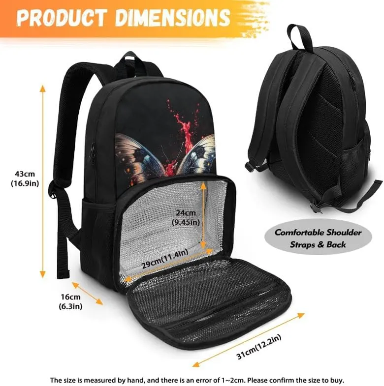 Cartoon Butterfly Print Everyday Laptop Backpack Colorful Splash Butterflies Pattern Sturdy Lunch Box for Women Men Backpack for Picnic College Travel, Black