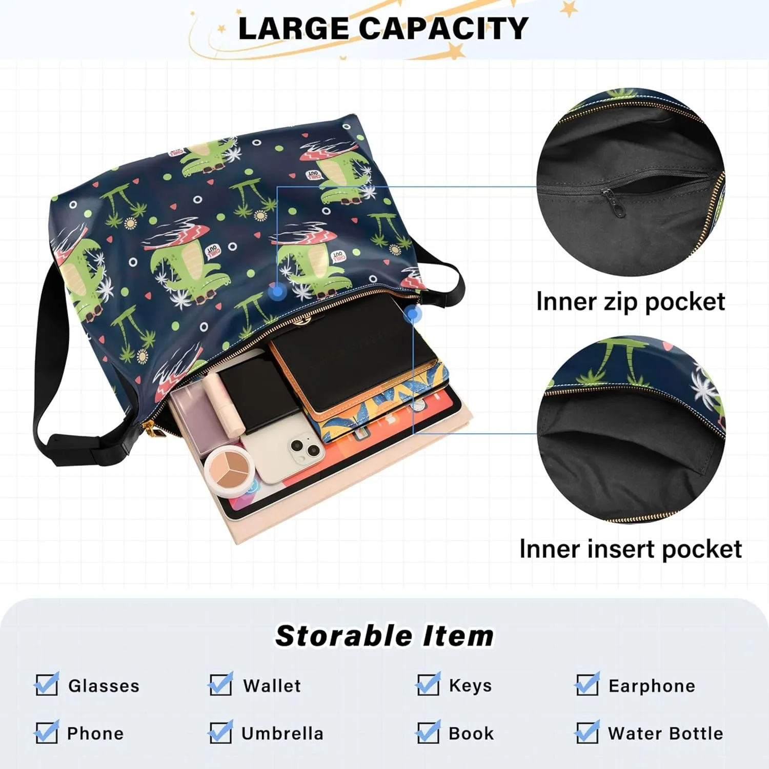 Cartoon Crocodile Funny Hobo Women Handbag Leather Women's Large Purse Aesthetic Animal Print Ladies Hobo Handbags