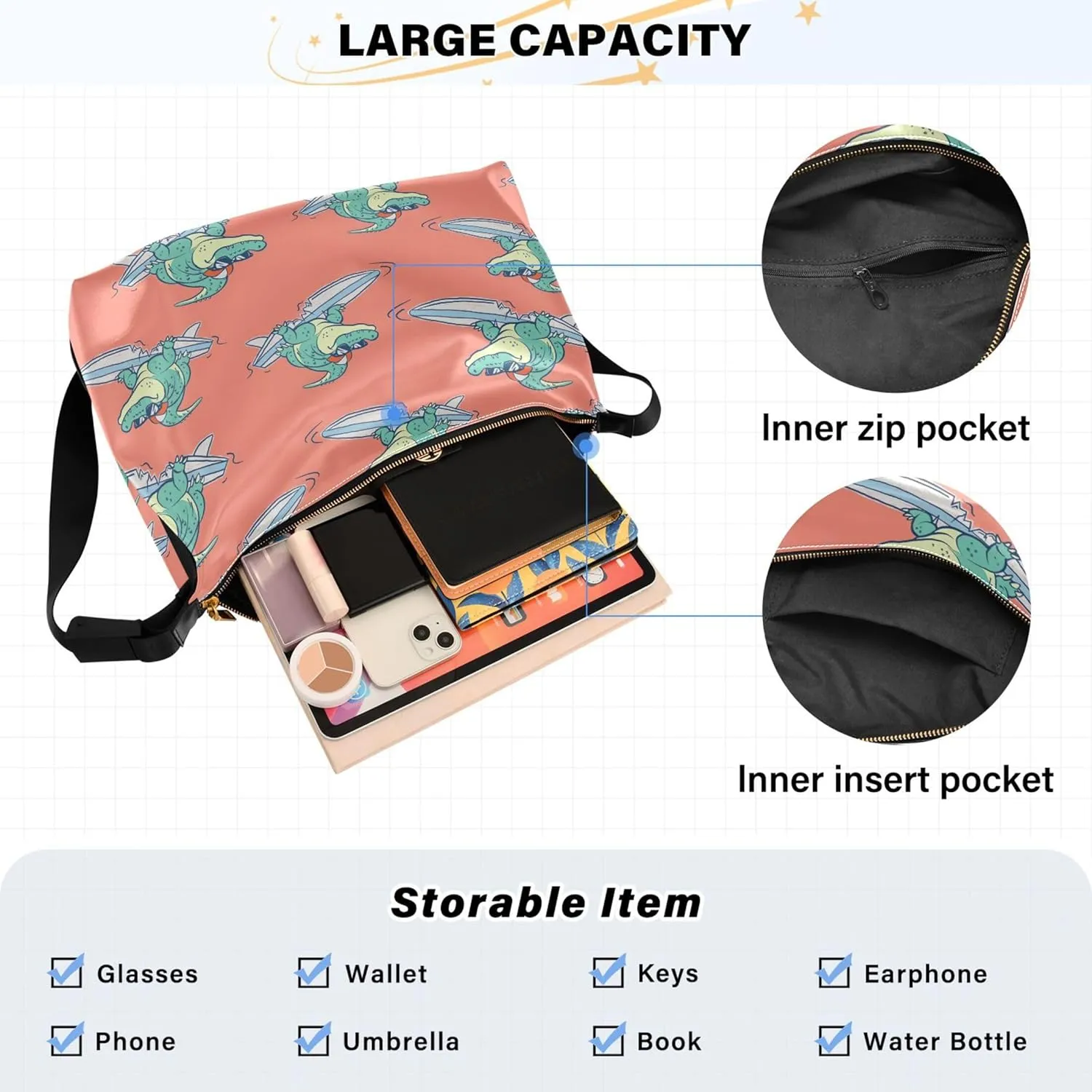 Cartoon Crocodile Funny Hobo Women Handbag Leather Women's Large Purse Aesthetic Animal Print Ladies Hobo Handbags