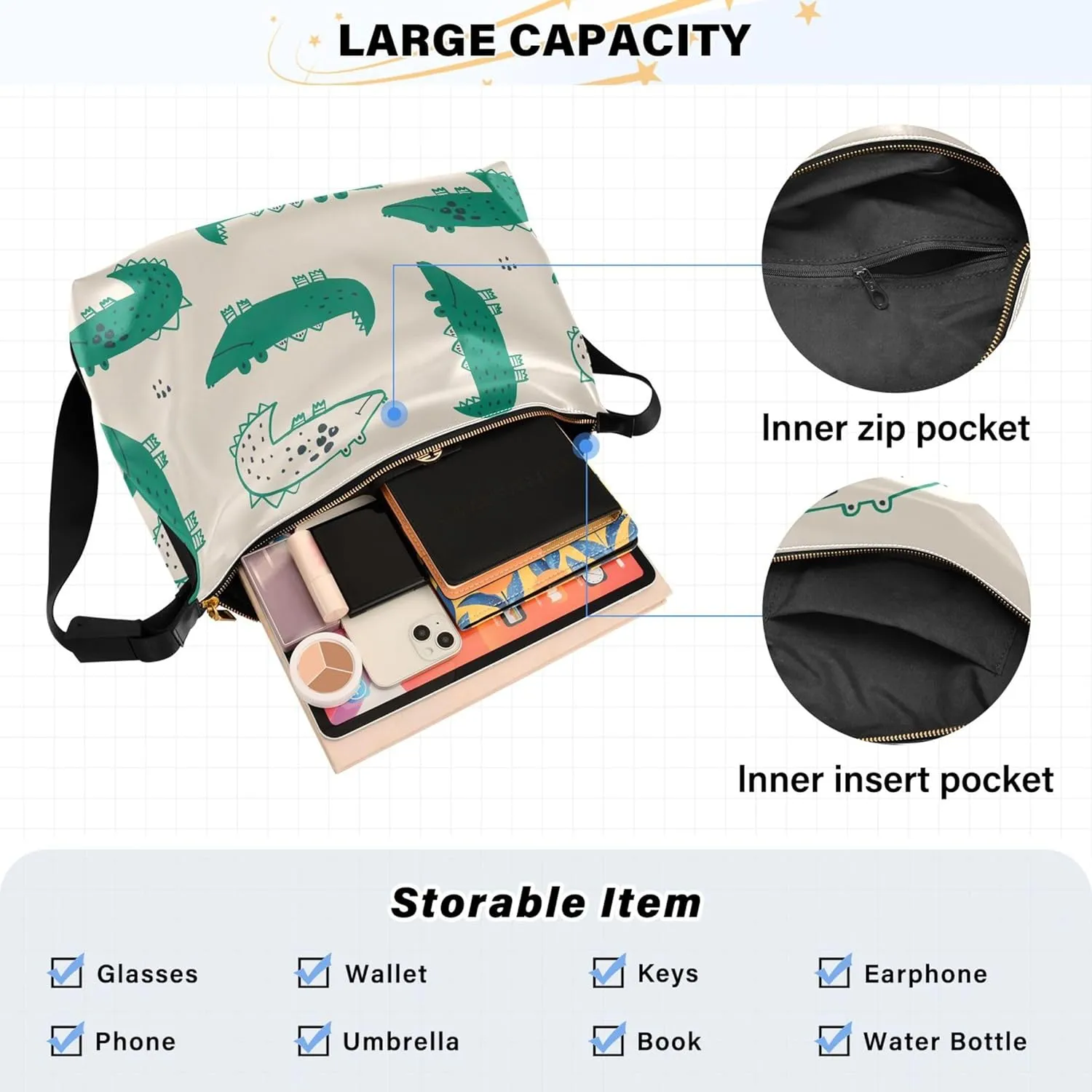 Cartoon Crocodile Funny Hobo Women Handbag Leather Women's Large Purse Aesthetic Animal Print Ladies Hobo Handbags