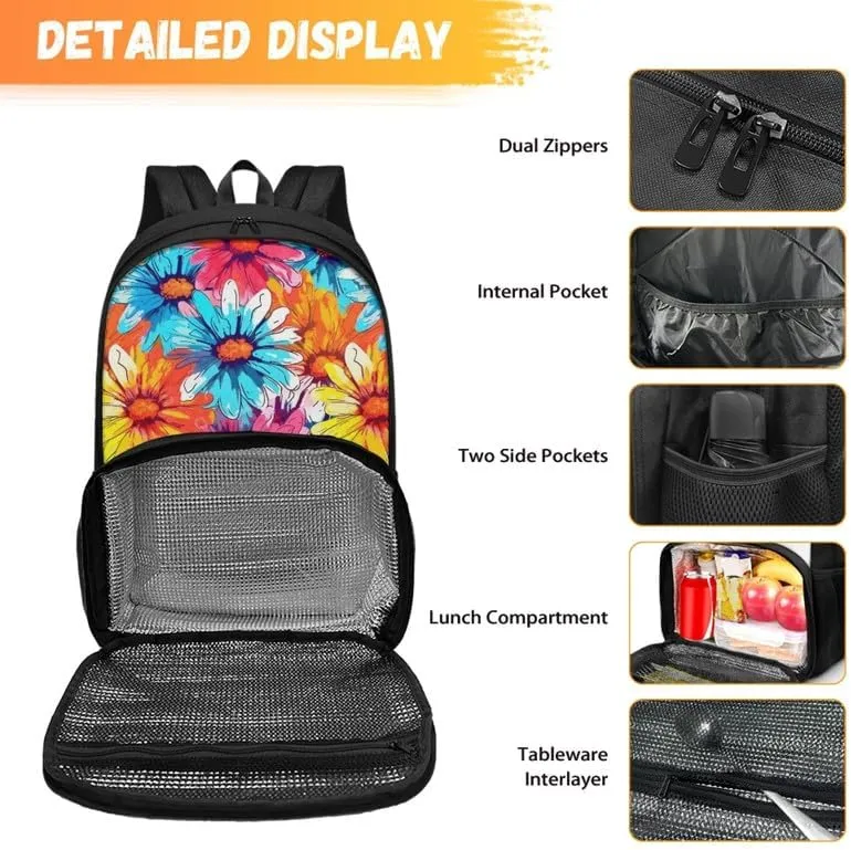 Cartoon Daisy Flower Print Travel Backpack for Women Colorful Art Painting Floral Pattern Lightweight Large Backpacks Student Laptop Bookbag
