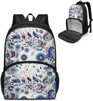 Cartoon Floral Print Carry On Backpack and Lunch Bag Retro Art Flower Feathers Painting Lady Insulated Cooler Backpack 2 in 1 Casual Backpack