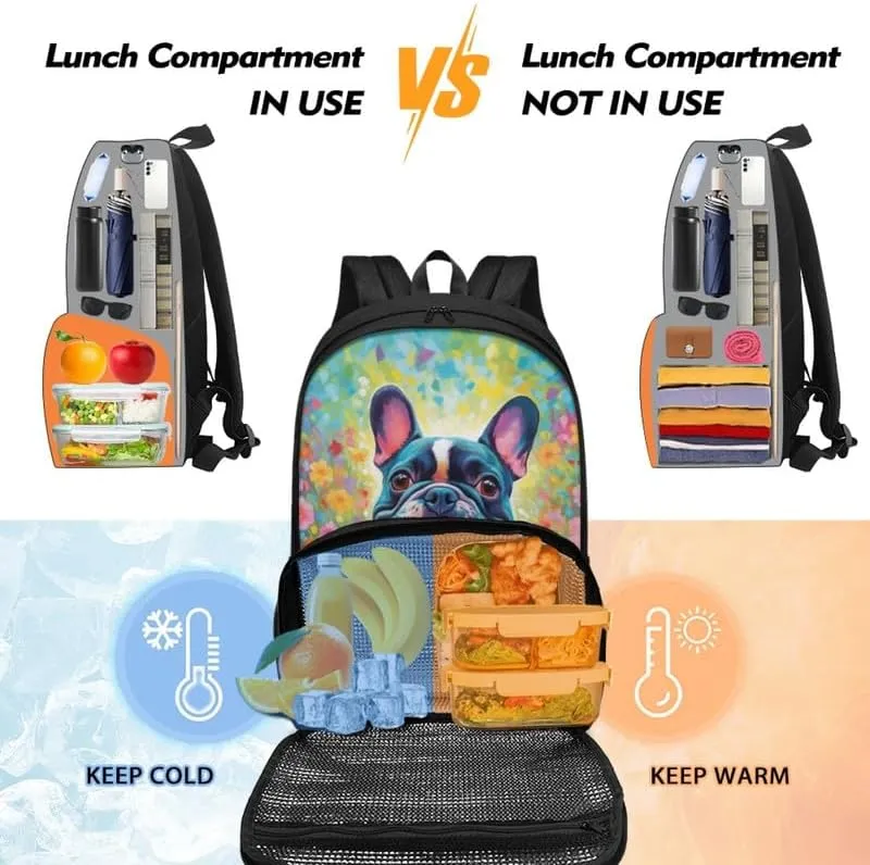 Cartoon French Bulldog Print Travel Backpack for Women Colorful Art Flower Painting Lightweight Large Backpacks Student Laptop Bookbag