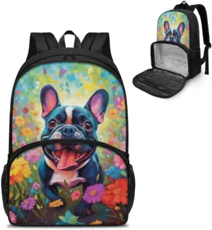 Cartoon French Bulldog Print Travel Backpack for Women Colorful Art Flower Painting Lightweight Large Backpacks Student Laptop Bookbag
