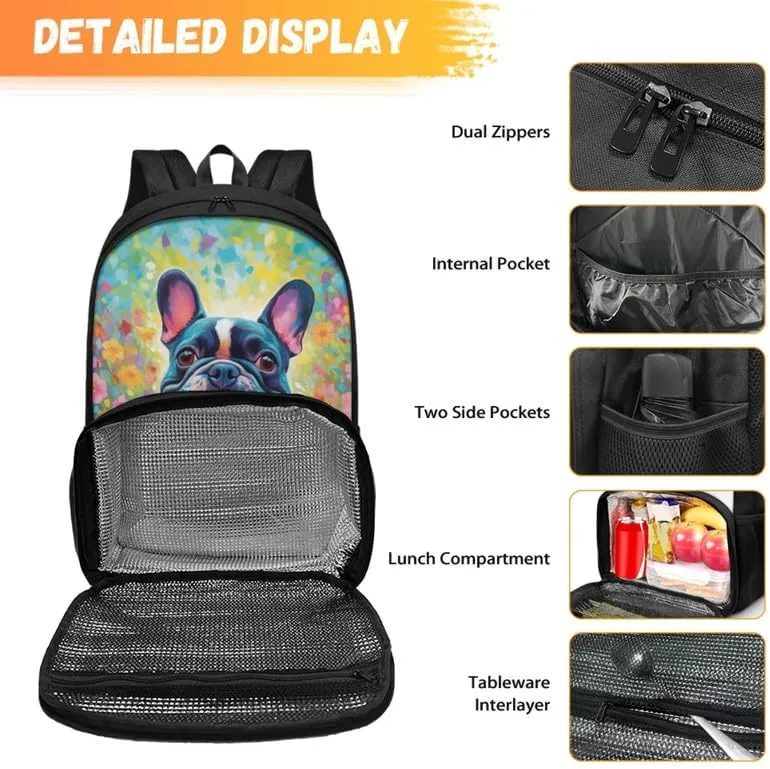Cartoon French Bulldog Print Travel Backpack for Women Colorful Art Flower Painting Lightweight Large Backpacks Student Laptop Bookbag