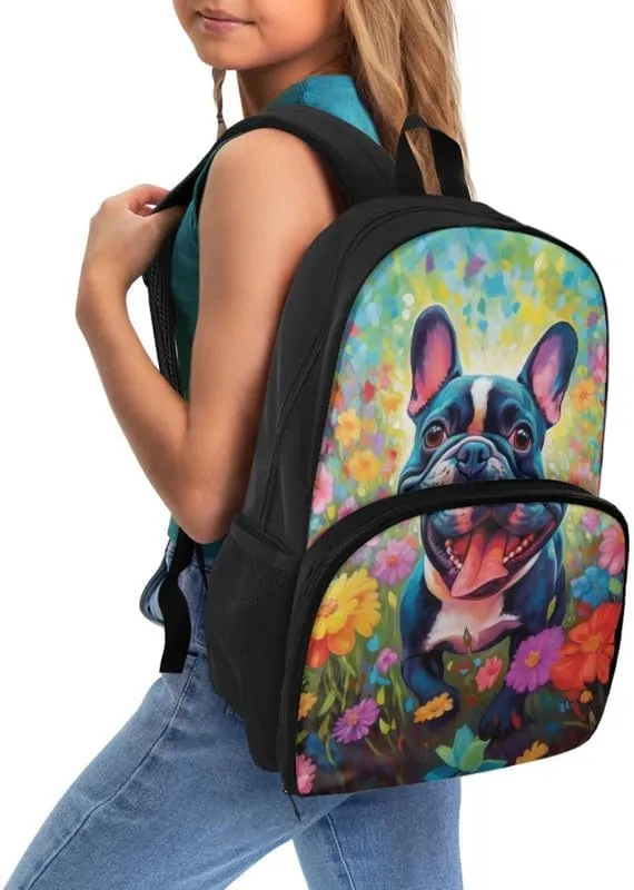 Cartoon French Bulldog Print Travel Backpack for Women Colorful Art Flower Painting Lightweight Large Backpacks Student Laptop Bookbag