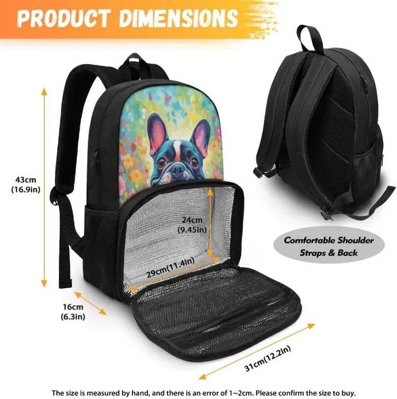 Cartoon French Bulldog Print Travel Backpack for Women Colorful Art Flower Painting Lightweight Large Backpacks Student Laptop Bookbag