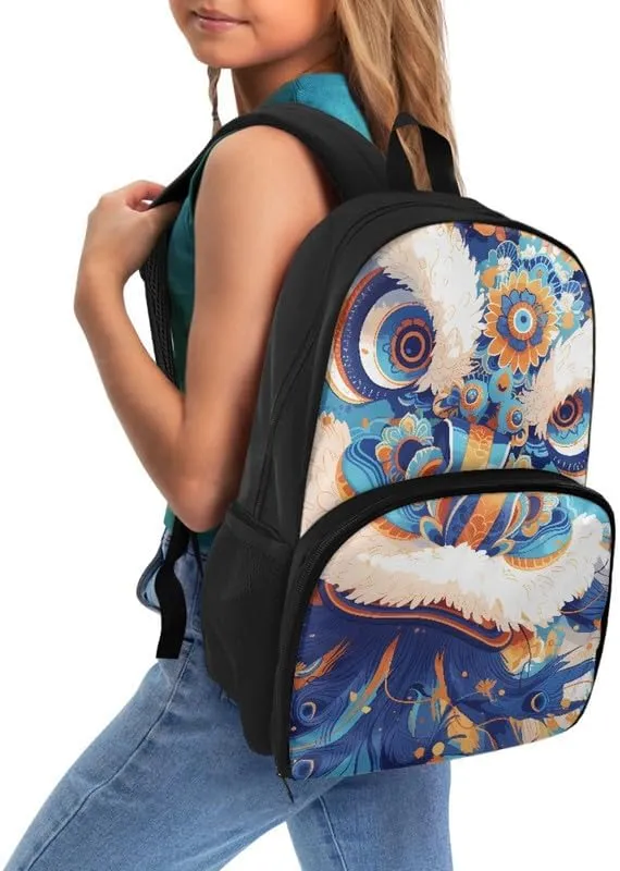 Cartoon Lion Dance Print Insulated Lunchbox Backpack Cute Blue Art Floral Lion Dance Pattern Lightweight Laptop Backpack for Sports, Travel, Business or College