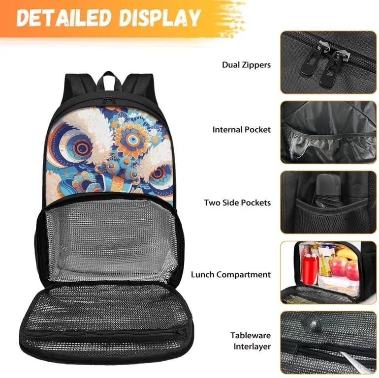 Cartoon Lion Dance Print Insulated Lunchbox Backpack Cute Blue Art Floral Lion Dance Pattern Lightweight Laptop Backpack for Sports, Travel, Business or College