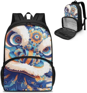 Cartoon Lion Dance Print Insulated Lunchbox Backpack Cute Blue Art Floral Lion Dance Pattern Lightweight Laptop Backpack for Sports, Travel, Business or College