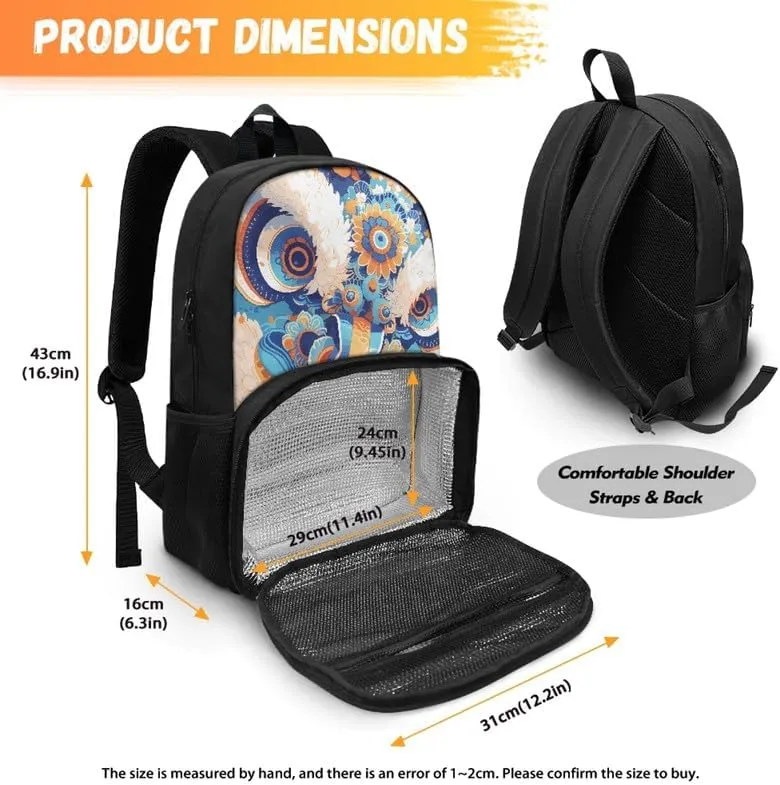 Cartoon Lion Dance Print Insulated Lunchbox Backpack Cute Blue Art Floral Lion Dance Pattern Lightweight Laptop Backpack for Sports, Travel, Business or College