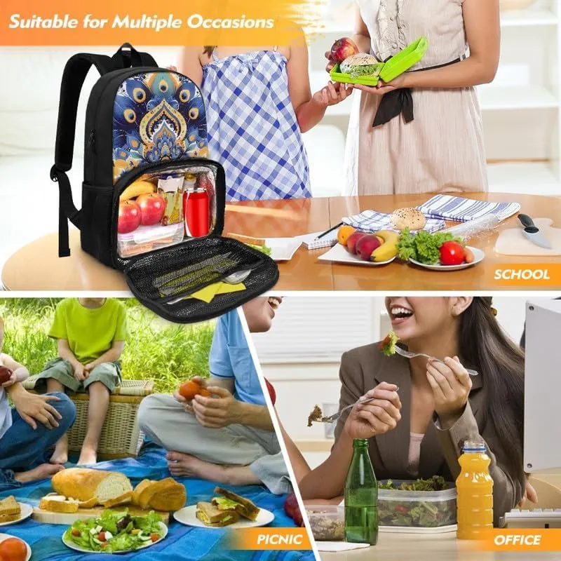 Cartoon Peacock Feather Print Everyday Laptop Backpack Purple Yellow Feathers Painting Sturdy Lunch Box for Women Men Backpack for Picnic College Travel