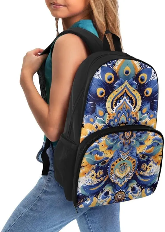 Cartoon Peacock Feather Print Everyday Laptop Backpack Purple Yellow Feathers Painting Sturdy Lunch Box for Women Men Backpack for Picnic College Travel