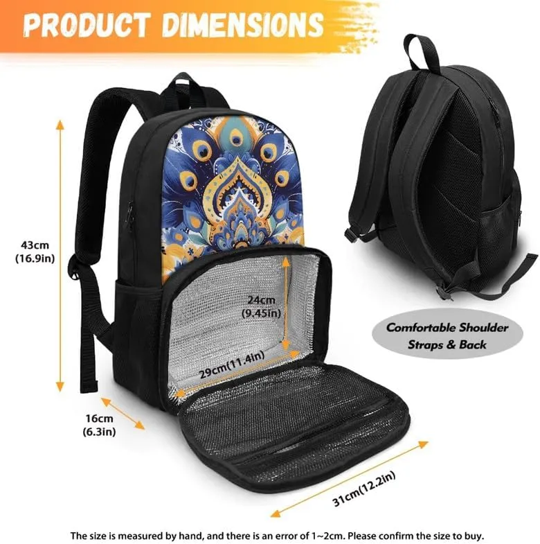 Cartoon Peacock Feather Print Everyday Laptop Backpack Purple Yellow Feathers Painting Sturdy Lunch Box for Women Men Backpack for Picnic College Travel
