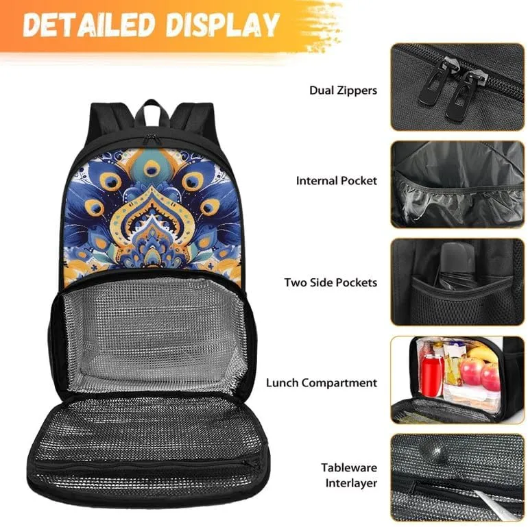 Cartoon Peacock Feather Print Everyday Laptop Backpack Purple Yellow Feathers Painting Sturdy Lunch Box for Women Men Backpack for Picnic College Travel