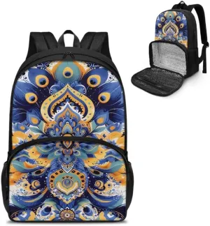 Cartoon Peacock Feather Print Everyday Laptop Backpack Purple Yellow Feathers Painting Sturdy Lunch Box for Women Men Backpack for Picnic College Travel