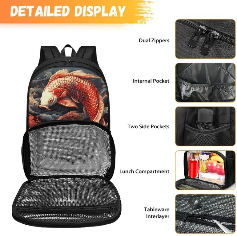 Cartoon Red Koi Carp Print Carry On Backpack and Lunch Bag Lady Cute Fish Painting Retro Spiral Cloud Pattern Insulated Cooler Backpack 2 in 1 Casual Backpack