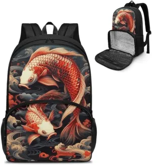Cartoon Red Koi Carp Print Carry On Backpack and Lunch Bag Lady Cute Fish Painting Retro Spiral Cloud Pattern Insulated Cooler Backpack 2 in 1 Casual Backpack