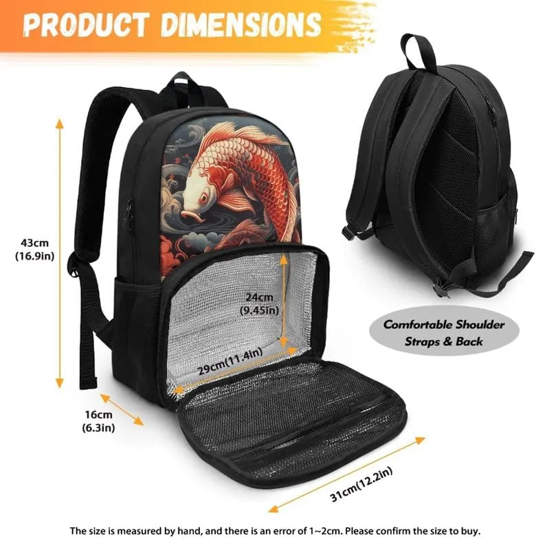 Cartoon Red Koi Carp Print Carry On Backpack and Lunch Bag Lady Cute Fish Painting Retro Spiral Cloud Pattern Insulated Cooler Backpack 2 in 1 Casual Backpack