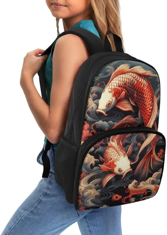 Cartoon Red Koi Carp Print Carry On Backpack and Lunch Bag Lady Cute Fish Painting Retro Spiral Cloud Pattern Insulated Cooler Backpack 2 in 1 Casual Backpack