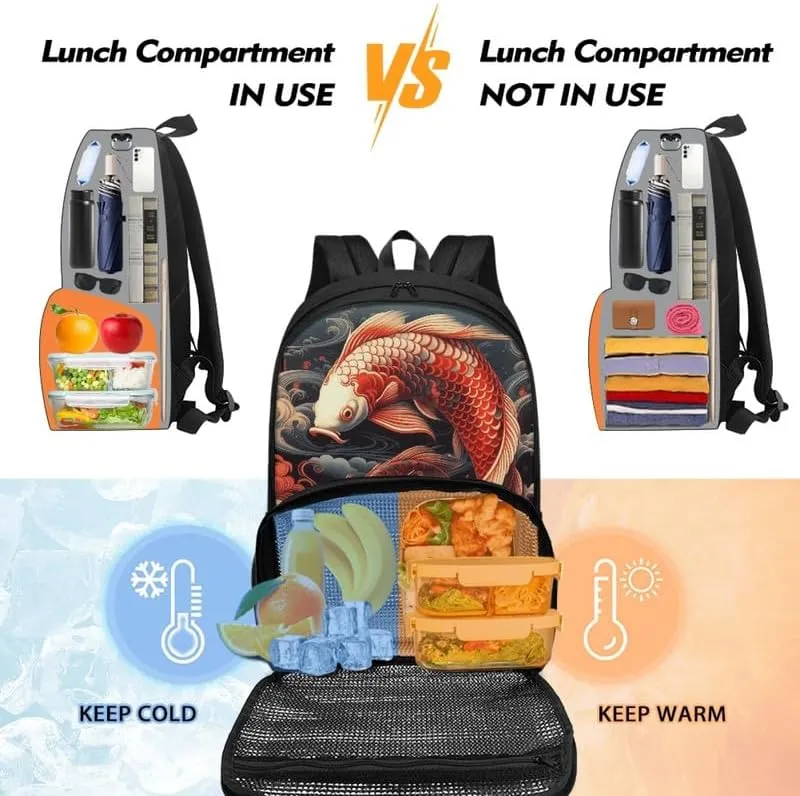 Cartoon Red Koi Carp Print Carry On Backpack and Lunch Bag Lady Cute Fish Painting Retro Spiral Cloud Pattern Insulated Cooler Backpack 2 in 1 Casual Backpack