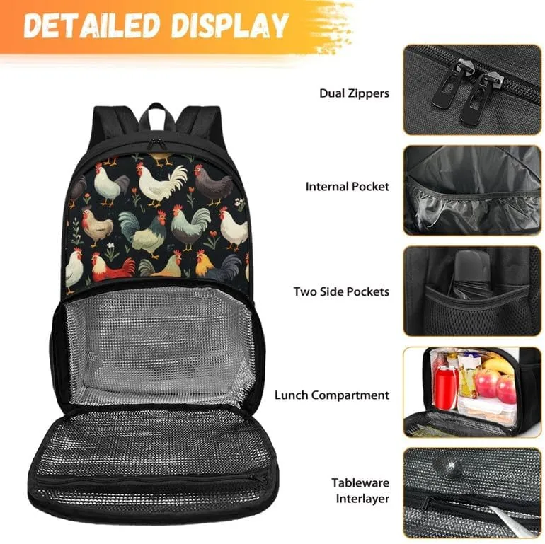 Cartoon Rooster Print Carry On Backpack Colorful Cute Chicken Floral Painting Travel Work Laptop Bag Lunch Backpack 17 Inch Person Item Bookbag, Black