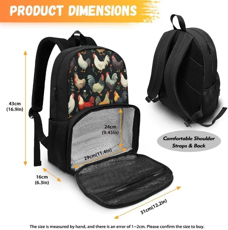 Cartoon Rooster Print Carry On Backpack Colorful Cute Chicken Floral Painting Travel Work Laptop Bag Lunch Backpack 17 Inch Person Item Bookbag, Black