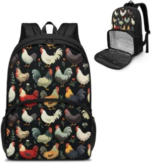 Cartoon Rooster Print Carry On Backpack Colorful Cute Chicken Floral Painting Travel Work Laptop Bag Lunch Backpack 17 Inch Person Item Bookbag, Black