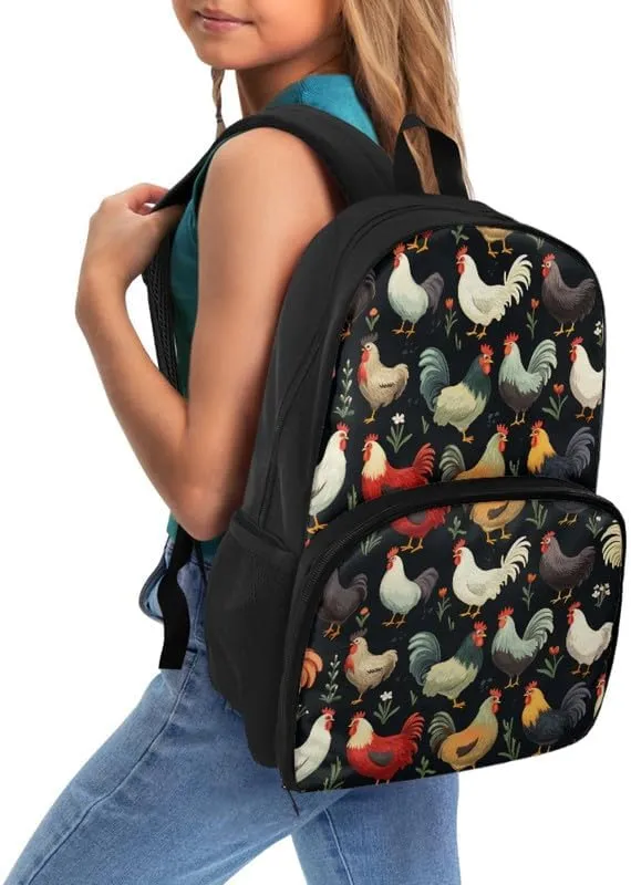 Cartoon Rooster Print Carry On Backpack Colorful Cute Chicken Floral Painting Travel Work Laptop Bag Lunch Backpack 17 Inch Person Item Bookbag, Black