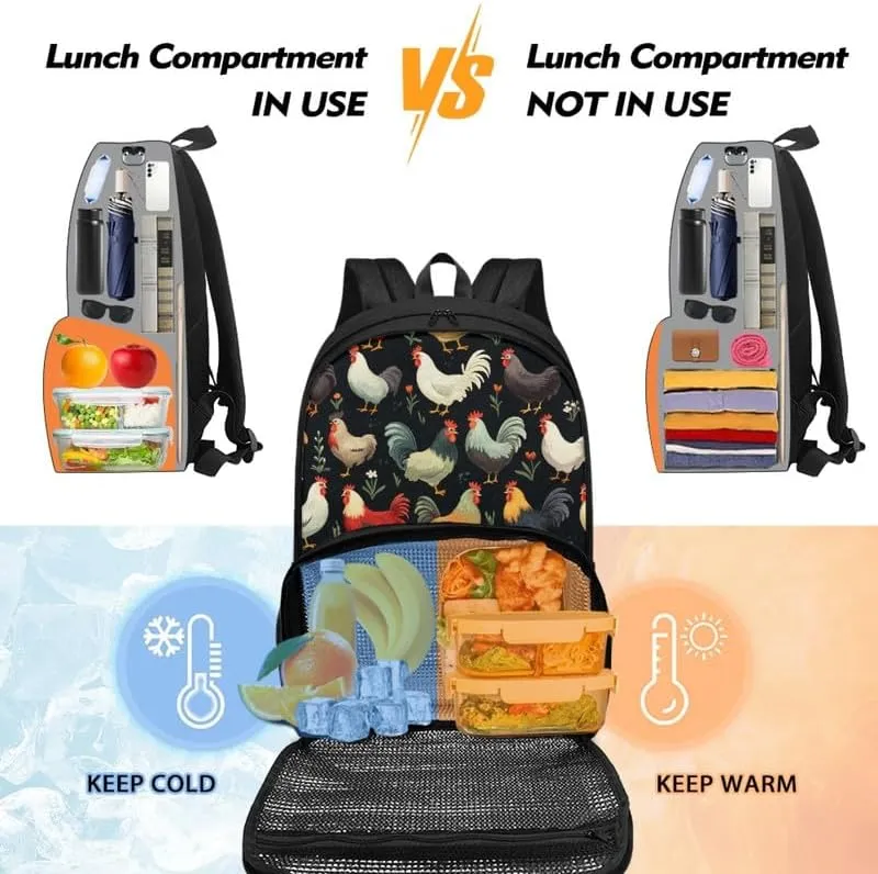Cartoon Rooster Print Carry On Backpack Colorful Cute Chicken Floral Painting Travel Work Laptop Bag Lunch Backpack 17 Inch Person Item Bookbag, Black