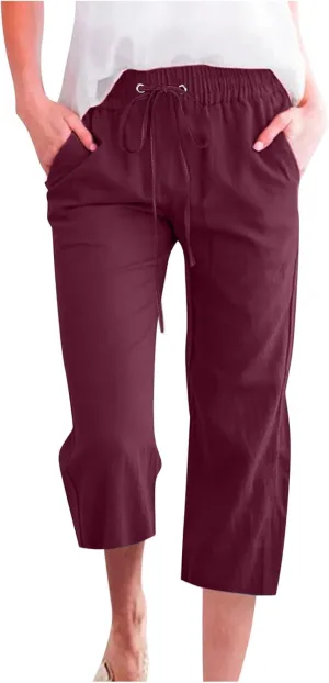 Casual Capri Pants for Women Summer Cotton Linen Cropped Pants Elastic High Waist Trousers Straight Wide Leg Pants