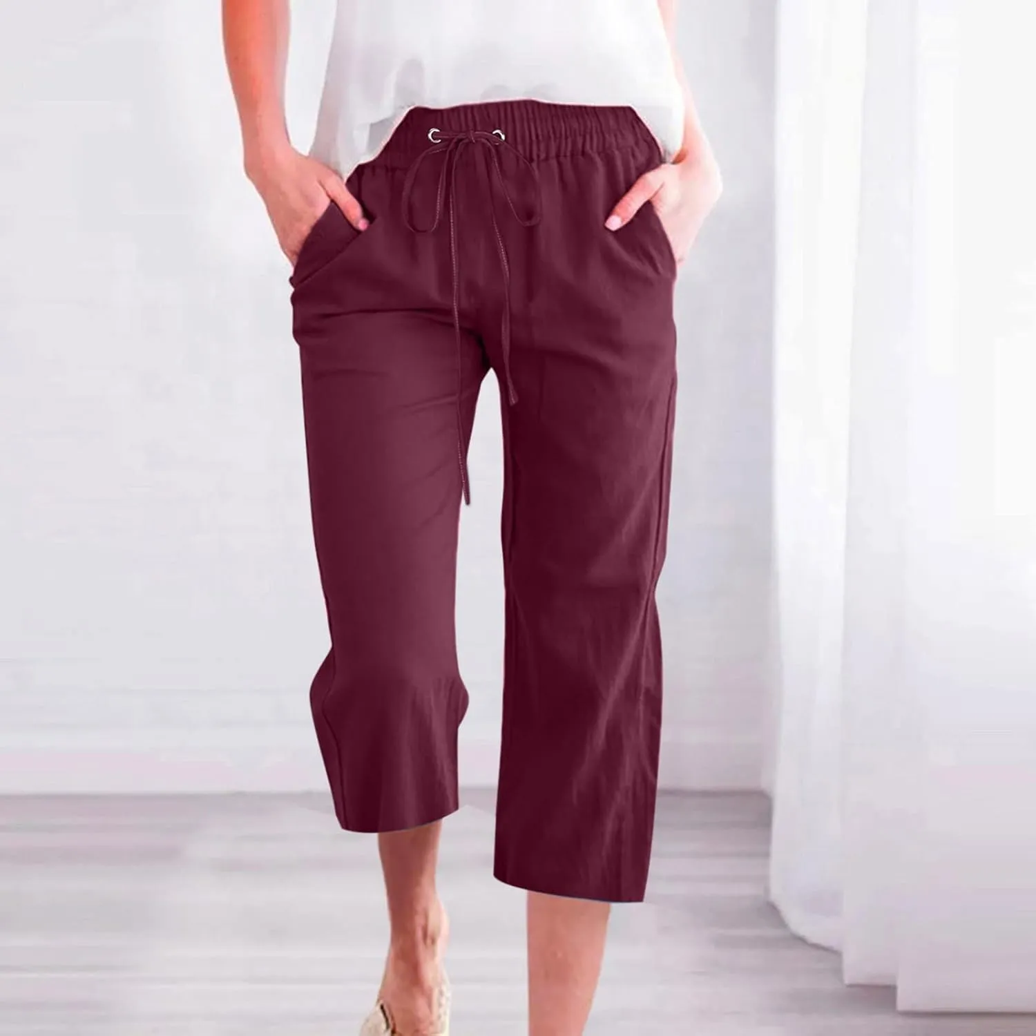 Casual Capri Pants for Women Summer Cotton Linen Cropped Pants Elastic High Waist Trousers Straight Wide Leg Pants