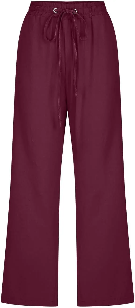 Casual Capri Pants for Women Summer Cotton Linen Cropped Pants Elastic High Waist Trousers Straight Wide Leg Pants