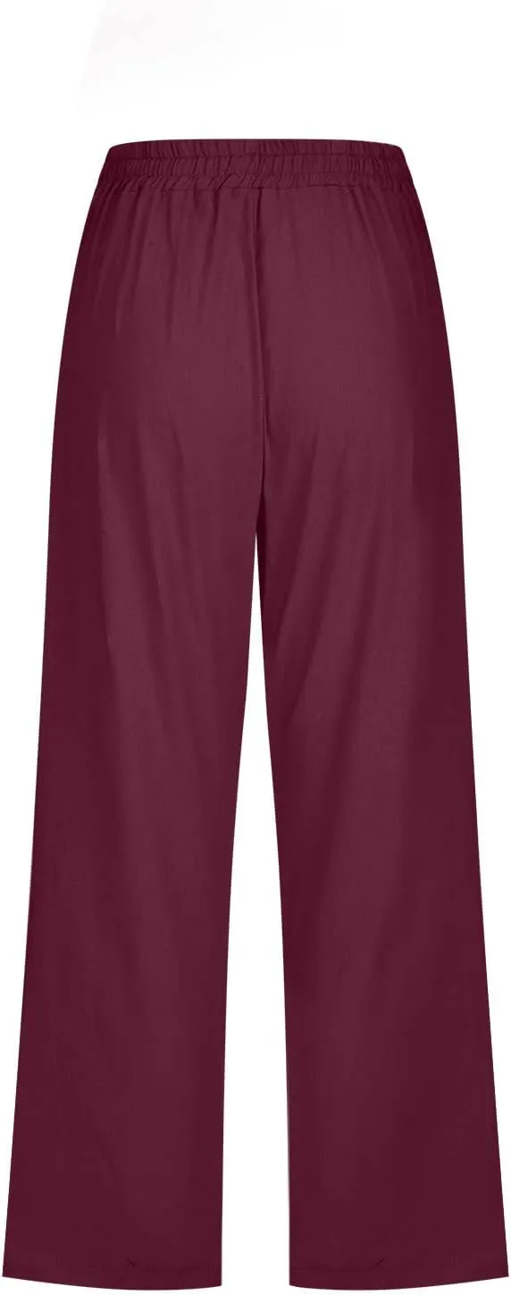 Casual Capri Pants for Women Summer Cotton Linen Cropped Pants Elastic High Waist Trousers Straight Wide Leg Pants