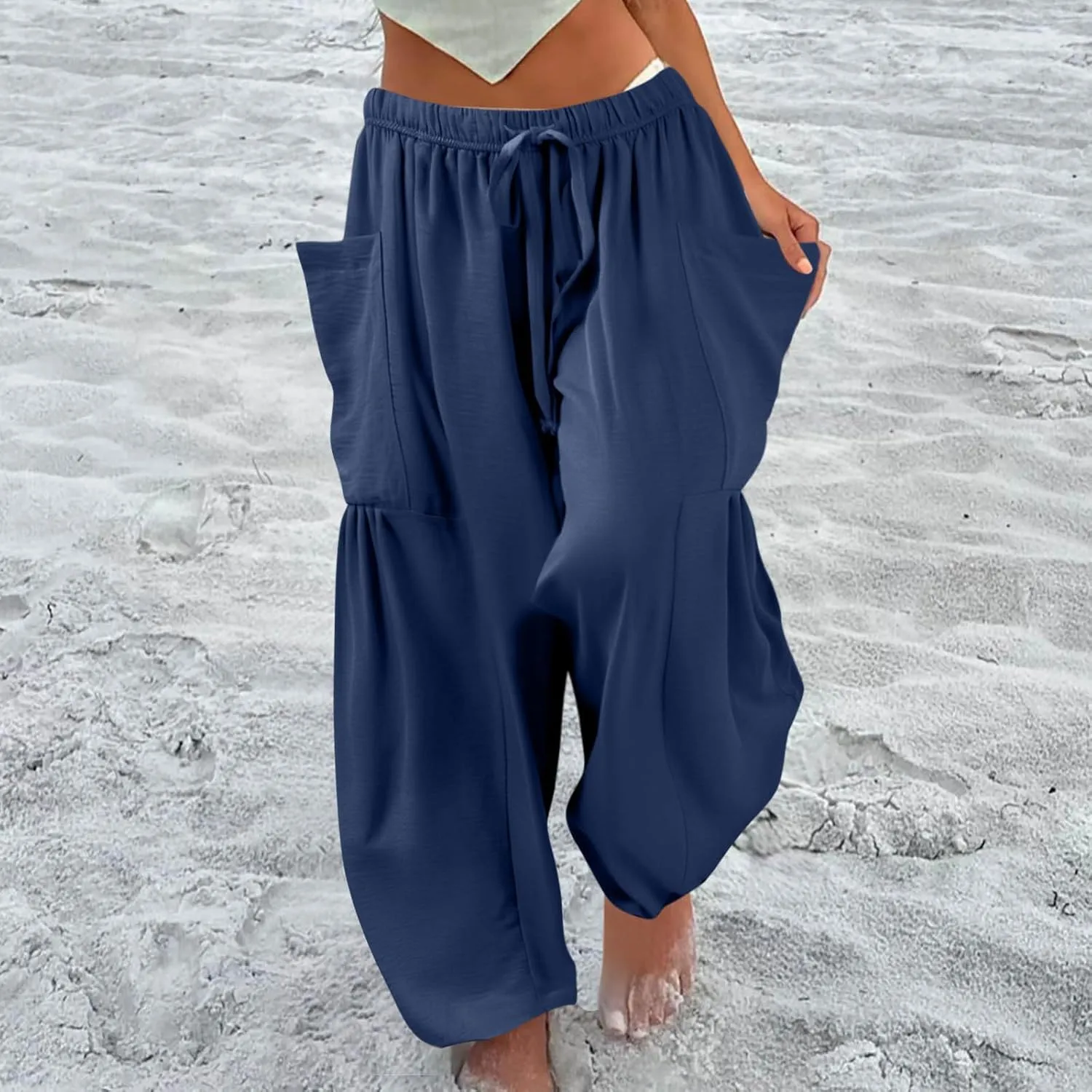 Casual Pants for Women Summer Wide Leg High Waisted Casual Boho Pants Trendy Beach Palazzo Harem Clothes with Pockets