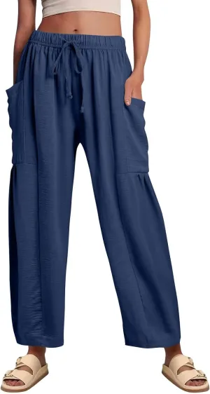 Casual Pants for Women Summer Wide Leg High Waisted Casual Boho Pants Trendy Beach Palazzo Harem Clothes with Pockets