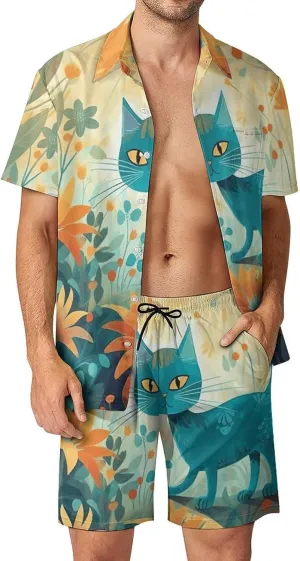 Cat And Flower Mens Swimsuit 2 Pieces Set Quick Dry Shorts Shirts Summer Button Down Short Sleeve Set