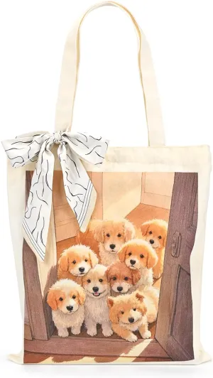 Cat Dog Canvas Tote Bag for Women -with Magnetic Buckle and Zipper Inner Pocket Cotton Grocery shopping bags