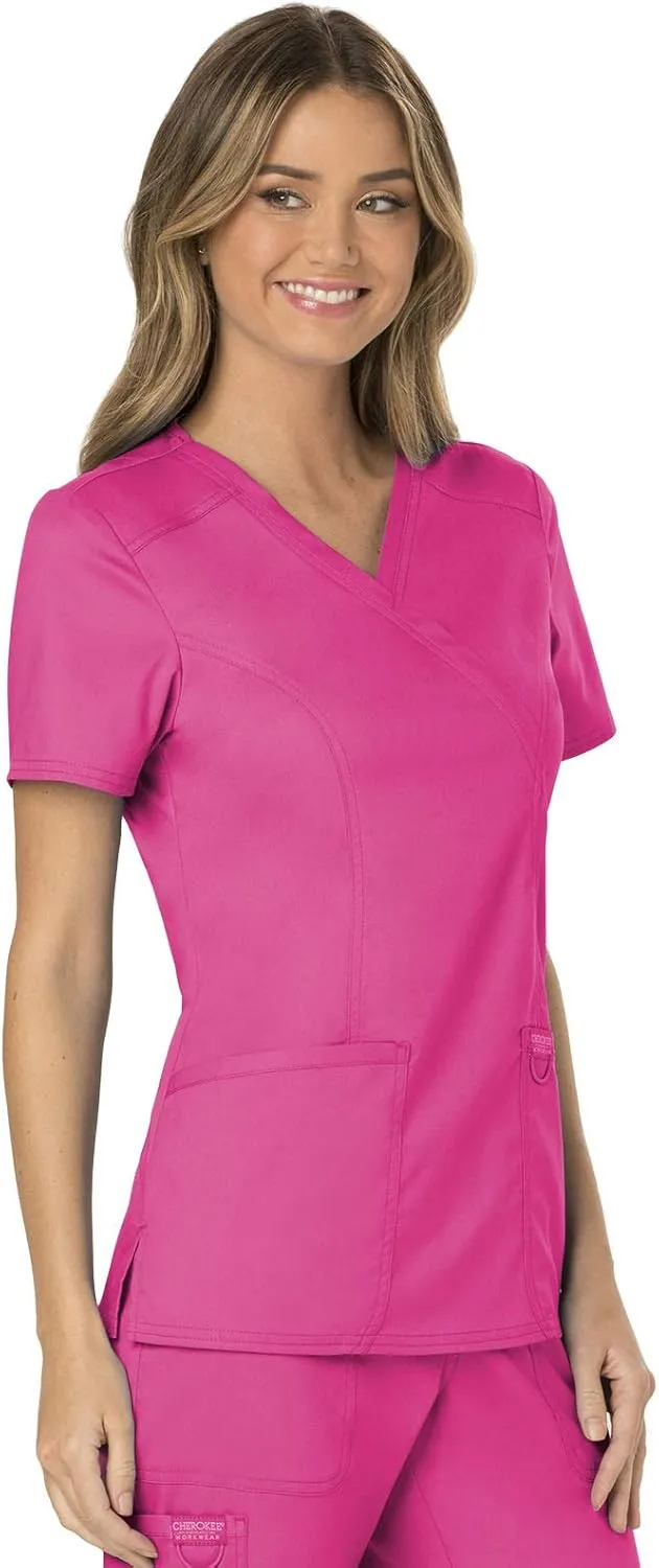 Cherokee Scrubs for Women Mock Wrap Top with 3 Pocket, Back Princess Seams WW610
