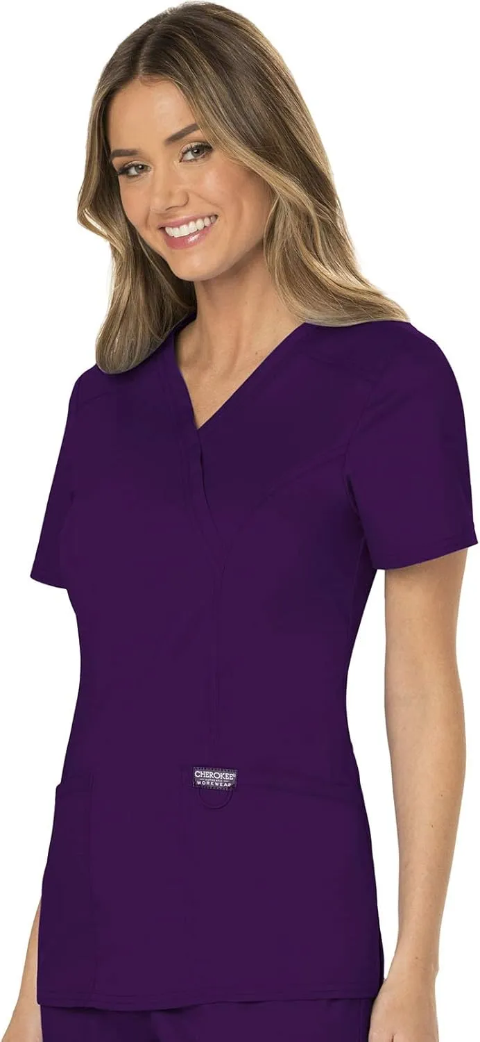 Cherokee Scrubs for Women Mock Wrap Top with 3 Pocket, Back Princess Seams WW610