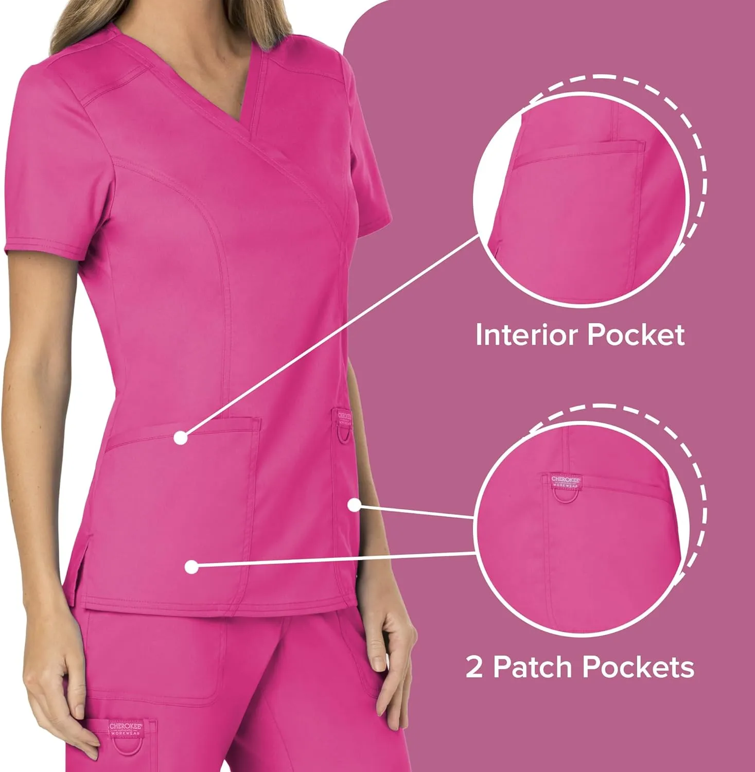 Cherokee Scrubs for Women Mock Wrap Top with 3 Pocket, Back Princess Seams WW610