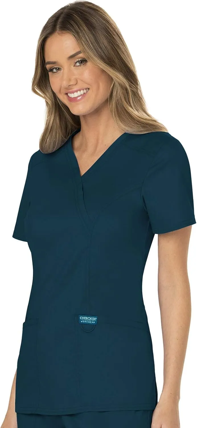 Cherokee Scrubs for Women Mock Wrap Top with 3 Pocket, Back Princess Seams WW610