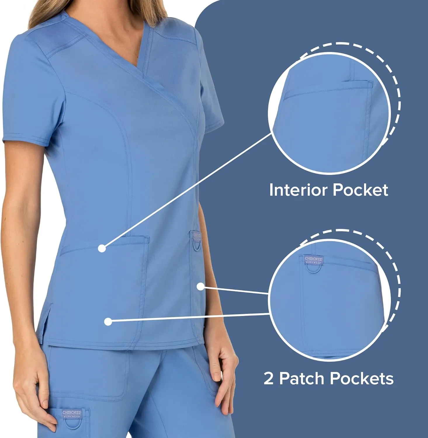 Cherokee Scrubs for Women Mock Wrap Top with 3 Pocket, Back Princess Seams WW610