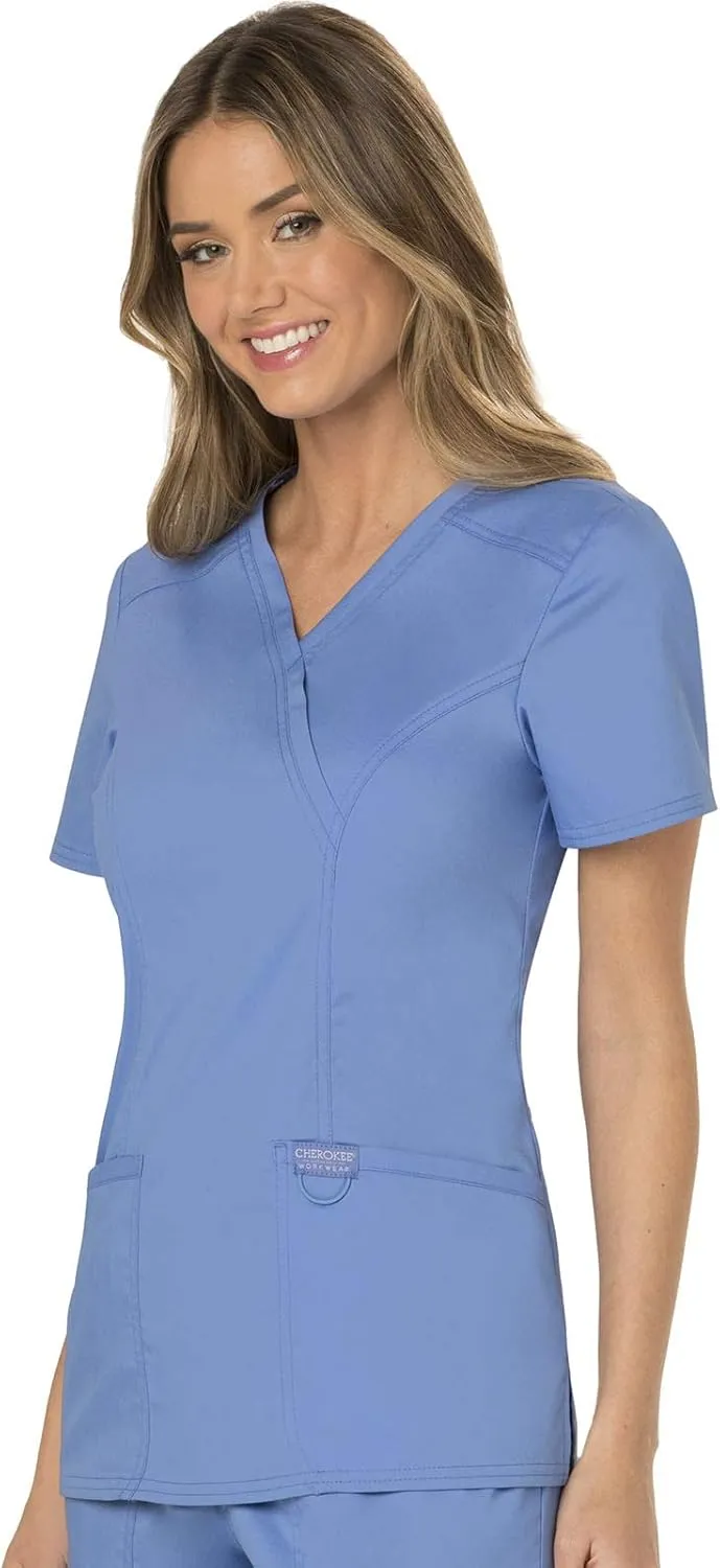 Cherokee Scrubs for Women Mock Wrap Top with 3 Pocket, Back Princess Seams WW610