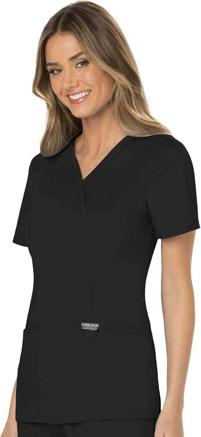 Cherokee Scrubs for Women Mock Wrap Top with 3 Pocket, Back Princess Seams WW610