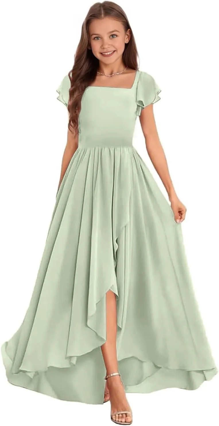 Chiffon Junior Bridesmaid Dress High-Low Long Flower Girl Dress for Wedding Formal Special Occasion Gowns for Kids